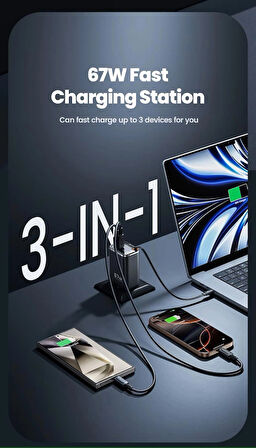67W HIZLI ŞARJ PREMİUM KALİTE DAHİLİ  TYPE-C + USB-A ÇIKIŞ, MAKARA SİSTEMLİ DAHİLİ TYPE-C KABLOLU