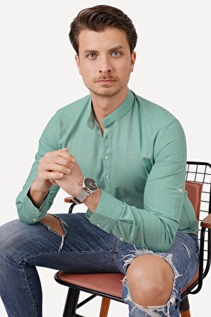 Mint Yeşili Hakim Üç Düğmeli Slimfit Keten   Gömlek