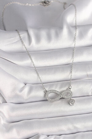 316L Çelik Gümüş Renk Zincir Zirkon Taşlı Sonsuzluk Model Taşlı Kalp Detay Kadın Kolye