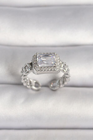 Pirinç Gümüş Renk Ayarlanabilir Zincir Kare Zirkon Taşlı Kadın Yüzük