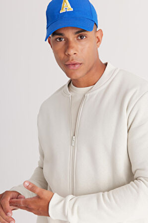 Erkek Bej Standart Fit Normal Kesim Içi Polarlı 3 Iplik Kolej Yaka Pamuklu Sweatshirt Ceket