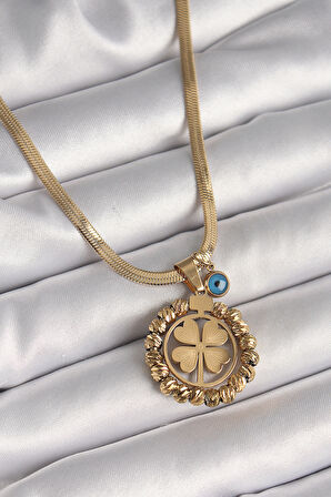 316L Çelik Gold Renk İtalyan Zincir Dorika Yonca Model Nazar Boncuk Detay Kadın Kolye