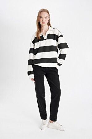 DeFacto Oversize Geniş Kalıp Çizgili Polo Yaka Kalın Sweatshirt D4754AX24AUWT32