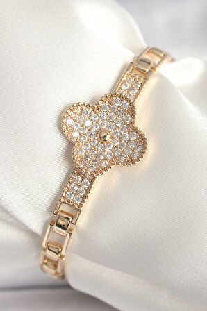 Pirinç Gold Renk Zirkon Taşlı Yonca Model Kadın Bileklik