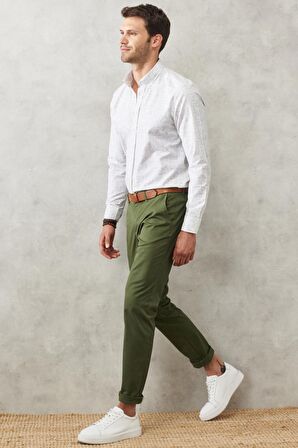 Erkek Haki Slim Fit Dar Kesim Yan Cep Esnek Chino Pantolon