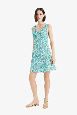 V Yaka Floral Maroken Kolsuz Mini Elbise