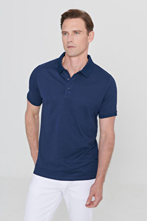 Erkek Çekmeyen Pamuklu Kumaş Slim Fit Dar Kesim Lacivert Kıvrılmaz Polo Yaka Tişört