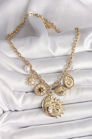 316L Çelik Gold Renk Ay Güneş Figür Deniz Kabuğu Detay Kadın Kolye