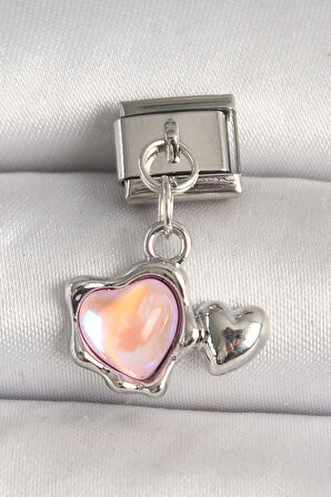 316L Çelik Gümüş Renk Pembe Mineli Kalp Model Nomination Charm