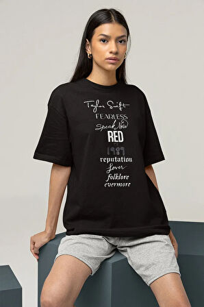 Taylor Swift Albüm İsimleri Yazılı Unisex Oversize Şarkıcı Tişört