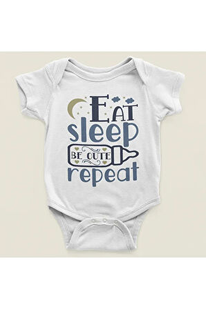 Yemek Ye, Uyu, Tatlı Ol, Tekrarla Yazılı Pamuklu Yumuşak Unisex Çıtçıtlı Body Zıbın