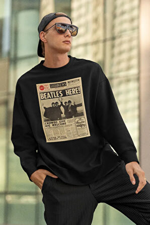 Beatles Here ! Gazete Haberi Yazılı Unisex Oversize Müzik Grubu Sweatshirt