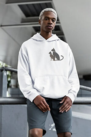 Minimalist Kedi Baskılı Unisex Oversize Hoodie