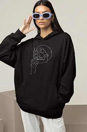 Tasarım Kuru Kafa Baskılı Unisex Oversize Hoodie