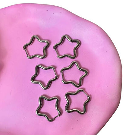 Uretti - Melik 9215 9582 6'lı Gümüş Renkli Yıldız Küpe 3 Çift Kombin Çoklu Küpe