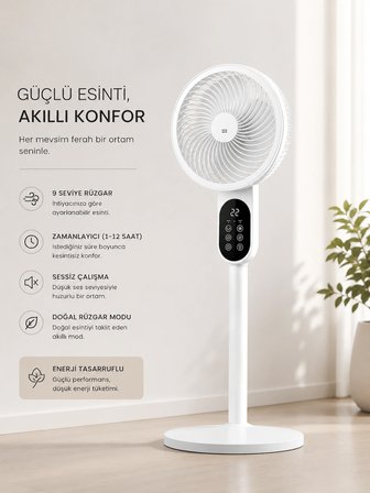 Modern Minimal Tasarım 360° Döner Başlıklı Hava Sirkülasyonlu Sessiz Ayaklı Vantilatör Kumandalı Uzaktan Kontrollü