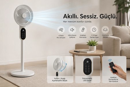 Modern Minimal Tasarım 360° Döner Başlıklı Hava Sirkülasyonlu Sessiz Ayaklı Vantilatör Kumandalı Uzaktan Kontrollü
