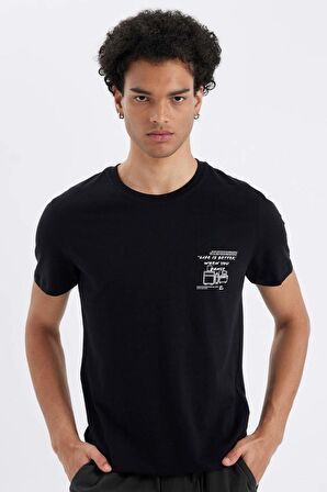 DeFacto %100 Pamuk Siyah Slim Fit Dar Kesim Bisiklet Yaka Baskılı Kısa Kollu Tişört C2132AX24AUBK81