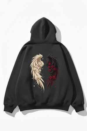 Unisex Yumuşak Dokulu Güllü Kanat Baskılı Tasarım Oversize 3 İplik Hoodie Sweatshirt