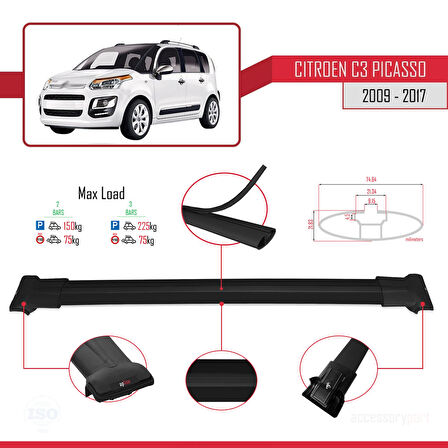 Citroen C3 Picasso 2009-2017 Arası ile Uyumlu FLY Model Ara Atkı Tavan Barı Siyah 2 Adet