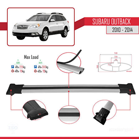 Subaru Outback 2010-2014 Arası ile Uyumlu FLY Model Ara Atkı Tavan Barı Gri 3 Adet