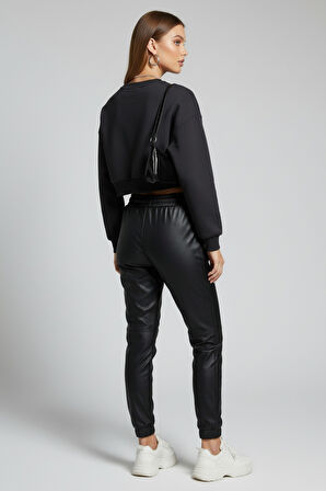 Kadın Antrasit Crop Sweatshirt , Yeni Sezon Pamuklu Yazı Detaylı Kadın Sweatshirt