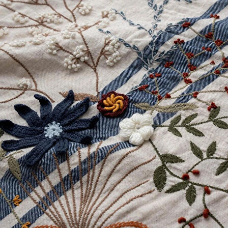 EcoCotton Charla Çift Kişilik Nevresim Takımı Organik Pamuk Kenevir Ekru-Lacivert