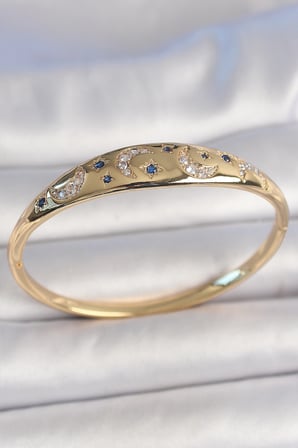 Pirinç Gold Renk Zirkon Taşlı Hilal İşleme Mavi Taşlı Yıldız Detay Kadın Kelepçe - Lisinya
