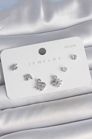 Pirinç Gümüş Renk Zirkon Taşlı Kuğu Model 925 Ayar Gümüş Çivi Kadın Küpe Seti