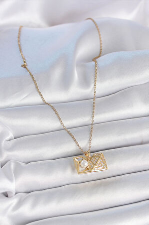 316L Çelik Gold Renk Zincir Zirkon Taşlı Açılır İncili Elmas Model Kadın Kolye