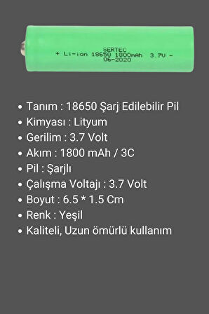 18650 Li-ion 3.7 V 1800 mAh Şarj Edilebilir Pil Sertec - 2 Adet