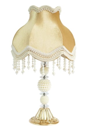 Gold Kadife Kaplı Beyaz İşlemeli Başlık İncili Gold Metal Ayaklı Klasik Model Abajur 55x25cm