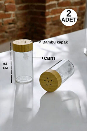 2 Li Bambu Kapaklı Cam Tuzluk 