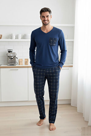 Erkek V Yaka Düğmesiz Göğüs Cepli Yumuşak Termal Bilek Manşetli Kışlık Uzun Kol Cepli Pijama Takımı 