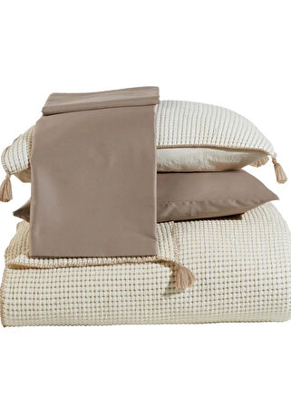 Dantela Drina Tek Kişilik Püsküllü Yatak Örtüsü Seti Bej