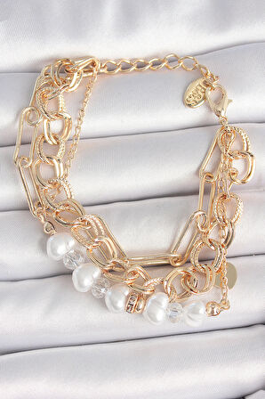 Pirinç Gold Renk Çoklu Zincir Model İncilli Zirkon Taş Detay Kadın Bileklik