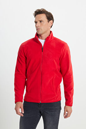 Erkek Kırmızı Anti-pilling Tüylenme Yapmayan Standart Fit Bato Yaka Sweatshirt Polar Ceket