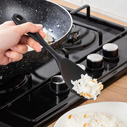 Porsima 5262 Sert Uçlu Silikon Pilav Kaşığı Dayanıklı Yanmaz Yapışmaz Çizmez Pilav Kepçe Kaşığı Siyah 22cm