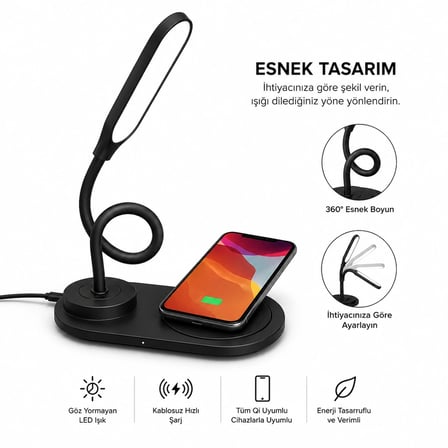 Kablosuz Şarjlı Akıllı Masa Lambası 360° Esnek Gövde Tasarımı Şarj ve Aydınlatma Bir Arada
