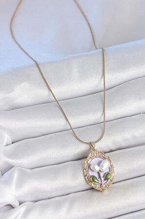 316L Çelik Gold Renk Mor İncili Çiçek İşlemeli Portre Model Kadın Kolye