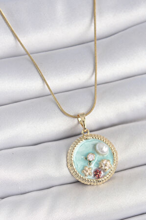 316L Çelik Gold Renk Zincir Mavi Mineli İnci Çiçek İşlemeli Zirkon Taş Detaylı Madalyon Model Kadın Kolye