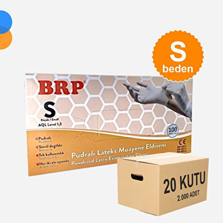 BRP Pudralı Lateks Muayene Eldiven Small (S) 100'lü Kutu X 20 Kutu - 1 Koli