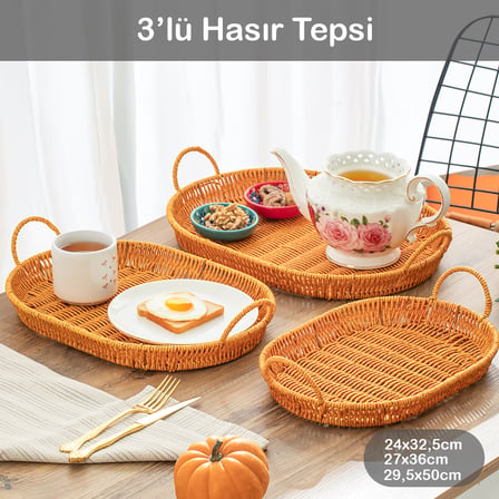 Porsima 708-D 3'lü Oval Kulplu Hasır Sepet & Sunum Tepsisi - Banyo & Mutfak Düzenleyici