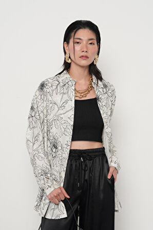 KADIN SİYAH-BEYAZ ÇİÇEK DESENLİ JAKARLI OVERSİZE GÖMLEK