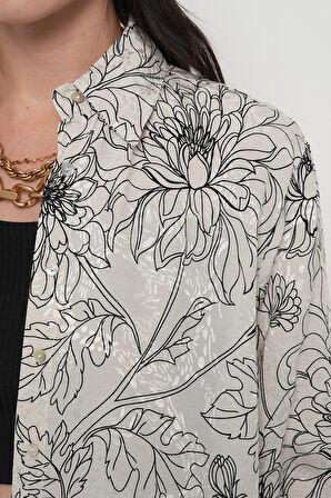 KADIN SİYAH-BEYAZ ÇİÇEK DESENLİ JAKARLI OVERSİZE GÖMLEK