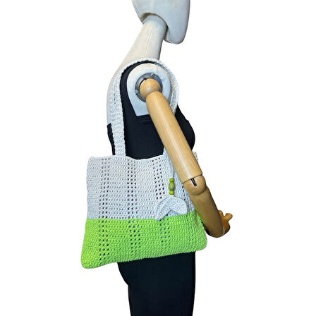 Uretti - Emine 9106 El Örgüsü Ahşap Boncuklu Çift Renk Model Pamuk İp Omuz Çantası - 30 x 26