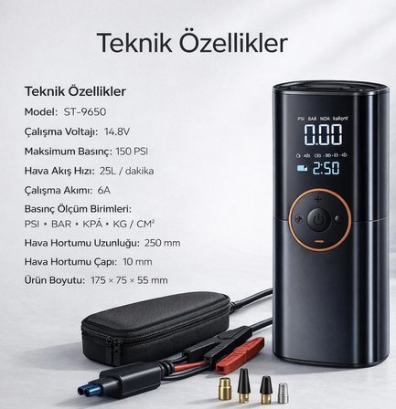 ST-9650 12000MAH Jump Starter Akü Takviye ve Lastik Şişirme Pompası Siyah