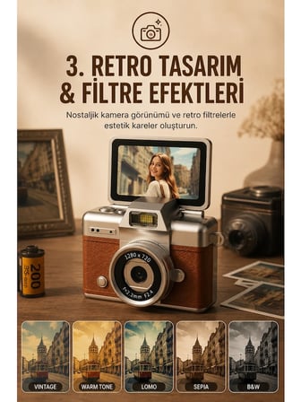 Mini Retro Dijital Kamera 1080P Hd Video Fotoğraf Makinesi – 180° Dönen Selfie Ekranlı Kahverengi