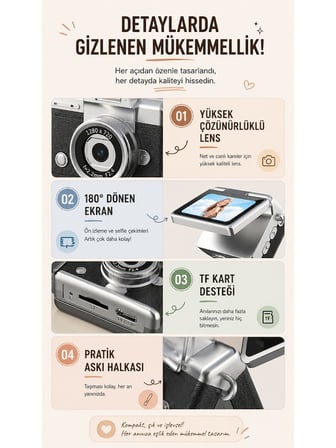 Mini Retro Dijital Kamera 1080P Hd Video Fotoğraf Makinesi – 180° Dönen Selfie Ekranlı Kahverengi