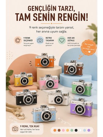 Mini Retro Dijital Kamera 1080P Hd Video Fotoğraf Makinesi – 180° Dönen Selfie Ekranlı Kahverengi